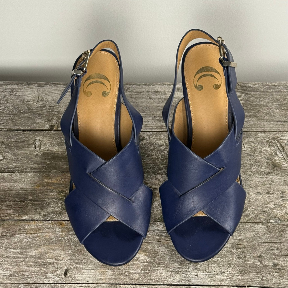 Women’s Navy Blue Slingback Block Heel Sandals Size 6 – Crisscross Straps, Stack